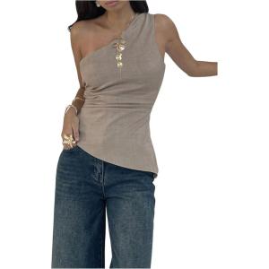 imageMakeMeChic Womens Off The Shoulder Asymmetrical Tops Going Out Dressy Shirt TopsKhaki