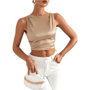 imageMakeMeChic Womens Party Crop Tops Satin Tie Back Ruched Boat Neck Sparkle Silk Tank Tops ShirtsChampagne