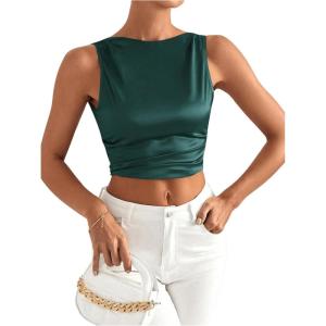 imageMakeMeChic Womens Party Crop Tops Satin Tie Back Ruched Boat Neck Sparkle Silk Tank Tops ShirtsDark Green