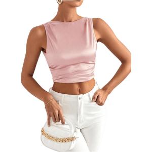 imageMakeMeChic Womens Party Crop Tops Satin Tie Back Ruched Boat Neck Sparkle Silk Tank Tops ShirtsPink