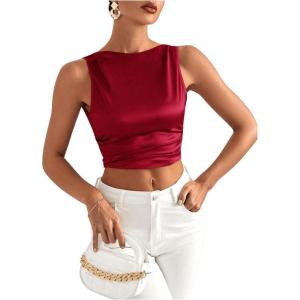 imageMakeMeChic Womens Party Crop Tops Satin Tie Back Ruched Boat Neck Sparkle Silk Tank Tops ShirtsRed