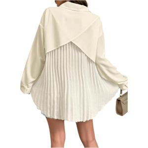 imageMakeMeChic Womens Pleated Wrap Long Sleeve Collar Button Down Shirts Casual Blouse TopsApricot