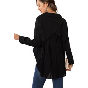 imageMakeMeChic Womens Pleated Wrap Long Sleeve Collar Button Down Shirts Casual Blouse TopsBlack