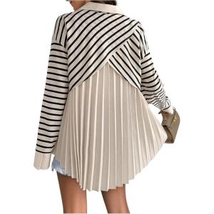 imageMakeMeChic Womens Pleated Wrap Long Sleeve Collar Button Down Shirts Casual Blouse TopsBlack and Beige
