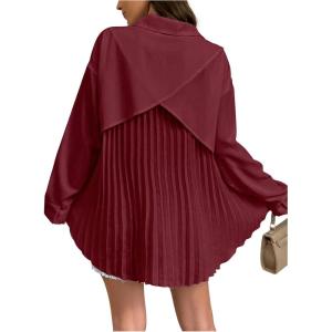 imageMakeMeChic Womens Pleated Wrap Long Sleeve Collar Button Down Shirts Casual Blouse TopsBurgundy