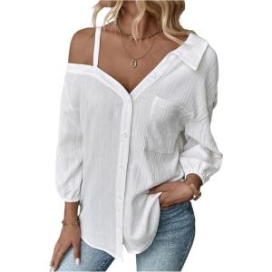 imageMakeMeChic Womens Summer Asymmetrical Tops Button Down Shirt Long Sleeve Loose Office BlouseWhite