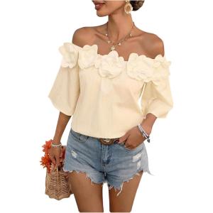 imageMakeMeChic Womens Summer Floral Tops 3D Off The Shoulder Blouse Half Sleeve Shirt BlouseApricot