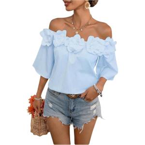 imageMakeMeChic Womens Summer Floral Tops 3D Off The Shoulder Blouse Half Sleeve Shirt BlouseBlue
