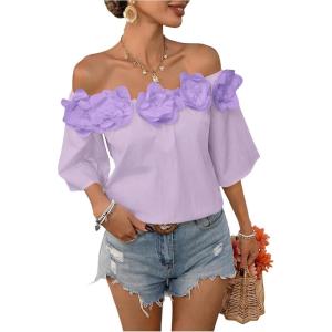 imageMakeMeChic Womens Summer Floral Tops 3D Off The Shoulder Blouse Half Sleeve Shirt BlouseMauve Purple