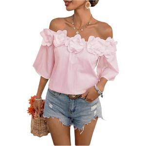 imageMakeMeChic Womens Summer Floral Tops 3D Off The Shoulder Blouse Half Sleeve Shirt BlousePink