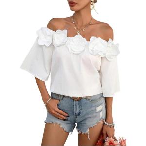 imageMakeMeChic Womens Summer Floral Tops 3D Off The Shoulder Blouse Half Sleeve Shirt BlouseWhite