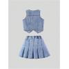 imageMakeMeChic Girls Y2K Two Piece Cute Outfits Denim Jeans Sleeveless Button Down Vest and Pleated Mini Skirt Set 812 YearsBlue