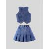 imageMakeMeChic Girls Y2K Two Piece Cute Outfits Denim Jeans Sleeveless Button Down Vest and Pleated Mini Skirt Set 812 YearsDark Blue