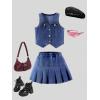 imageMakeMeChic Girls Y2K Two Piece Cute Outfits Denim Jeans Sleeveless Button Down Vest and Pleated Mini Skirt Set 812 YearsDark Blue
