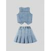 imageMakeMeChic Girls Y2K Two Piece Cute Outfits Denim Jeans Sleeveless Button Down Vest and Pleated Mini Skirt Set 812 YearsLight Blue