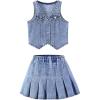 imageMakeMeChic Girls Y2K Two Piece Cute Outfits Denim Jeans Sleeveless Button Down Vest and Pleated Mini Skirt Set 812 YearsBlue