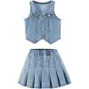 imageMakeMeChic Girls Y2K Two Piece Cute Outfits Denim Jeans Sleeveless Button Down Vest and Pleated Mini Skirt Set 812 YearsLight Blue