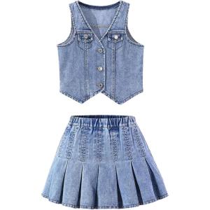 imageMakeMeChic Girls Y2K Two Piece Cute Outfits Denim Jeans Sleeveless Button Down Vest and Pleated Mini Skirt Set 812 YearsBlue