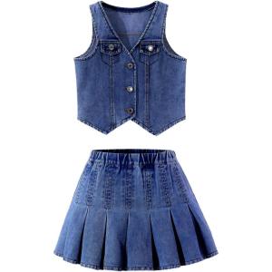 imageMakeMeChic Girls Y2K Two Piece Cute Outfits Denim Jeans Sleeveless Button Down Vest and Pleated Mini Skirt Set 812 YearsDark Blue