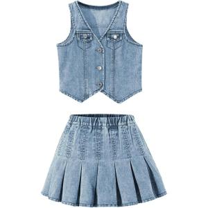imageMakeMeChic Girls Y2K Two Piece Cute Outfits Denim Jeans Sleeveless Button Down Vest and Pleated Mini Skirt Set 812 YearsLight Blue