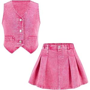 imageMakeMeChic Girls Y2K Two Piece Cute Outfits Denim Jeans Sleeveless Button Down Vest and Pleated Mini Skirt Set 812 YearsPink