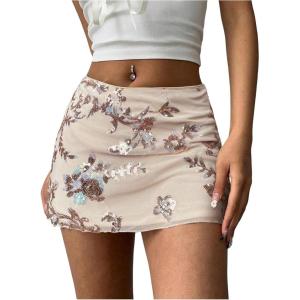 imageMakeMeChic Womens Sequin Skirt Summer Floral Mesh Glitter Sparkly Mini SkirtApricot
