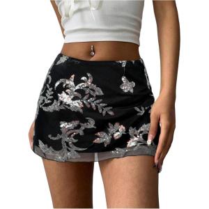 imageMakeMeChic Womens Sequin Skirt Summer Floral Mesh Glitter Sparkly Mini SkirtBlack