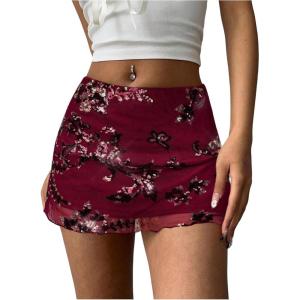 imageMakeMeChic Womens Sequin Skirt Summer Floral Mesh Glitter Sparkly Mini SkirtBurgundy