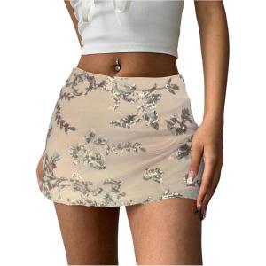 imageMakeMeChic Womens Sequin Skirt Summer Floral Mesh Glitter Sparkly Mini SkirtMulti Apricot