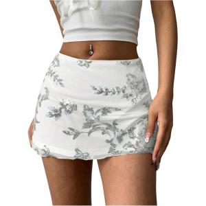 imageMakeMeChic Womens Sequin Skirt Summer Floral Mesh Glitter Sparkly Mini SkirtWhite