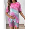 imageMakeMeChic Womens Maternity 2 Piece Outfit Tie Dye Pajamas Set Short Sleeve Tee Shirt and Biker Shorts Pregnancy Lounge SetPink