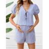 imageMakeMeChic Womens Maternity 2 Piece Pajamas Set Striped V Neck Tie Puff Sleeve Shirt and Shorts Pregnancy Lounge SetBlue