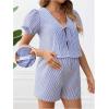 imageMakeMeChic Womens Maternity 2 Piece Pajamas Set Striped V Neck Tie Puff Sleeve Shirt and Shorts Pregnancy Lounge SetBlue