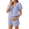 imageMakeMeChic Womens Maternity 2 Piece Pajamas Set Striped V Neck Tie Puff Sleeve Shirt and Shorts Pregnancy Lounge SetBlue