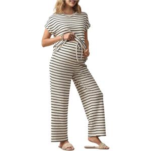 imageMakeMeChic Womens Maternity 2 Piece Outfit Striped Crew Neck Short Sleeve Tee Top Pants Pregnancy SetBlack and White