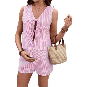 imageMakeMeChic Womens Maternity 2 Piece Outfit Striped V Neck Tie Front Vest Top and Shorts Pregnancy SetPink
