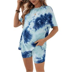 imageMakeMeChic Womens Maternity 2 Piece Outfit Tie Dye Pajamas Set Short Sleeve Tee Shirt and Biker Shorts Pregnancy Lounge SetBblue