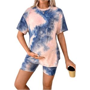 imageMakeMeChic Womens Maternity 2 Piece Outfit Tie Dye Pajamas Set Short Sleeve Tee Shirt and Biker Shorts Pregnancy Lounge SetMulti