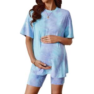 imageMakeMeChic Womens Maternity 2 Piece Outfit Tie Dye Pajamas Set Short Sleeve Tee Shirt and Biker Shorts Pregnancy Lounge SetPurple