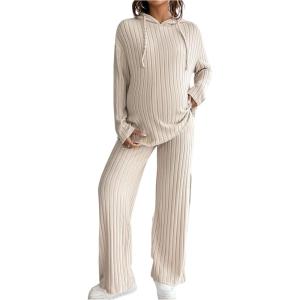 imageMakeMeChic Womens Maternity 2 Piece Outfits Lounge Set Ribbed Knit Long Sleeve Hoodie and Pants Pregnancy SetApricot