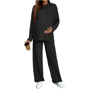 imageMakeMeChic Womens Maternity 2 Piece Outfits Lounge Set Ribbed Knit Long Sleeve Hoodie and Pants Pregnancy SetBlack