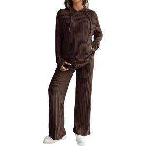 imageMakeMeChic Womens Maternity 2 Piece Outfits Lounge Set Ribbed Knit Long Sleeve Hoodie and Pants Pregnancy SetBrown