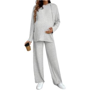 imageMakeMeChic Womens Maternity 2 Piece Outfits Lounge Set Ribbed Knit Long Sleeve Hoodie and Pants Pregnancy SetGrey