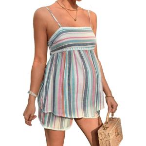imageMakeMeChic Womens Maternity 2 Piece Outfits Striped Lace Trim Shirred Cami and Shorts Pregnancy SetMulticolor