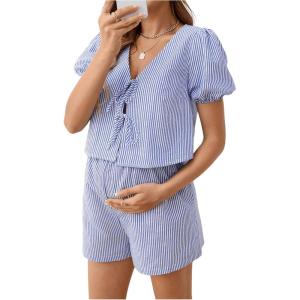 imageMakeMeChic Womens Maternity 2 Piece Pajamas Set Striped V Neck Tie Puff Sleeve Shirt and Shorts Pregnancy Lounge SetBlue
