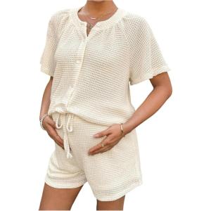 imageMakeMeChic Womens Maternity 2 Piece Set Crew Neck Button Short Sleeve Blouse and Shorts Summer SetWhite