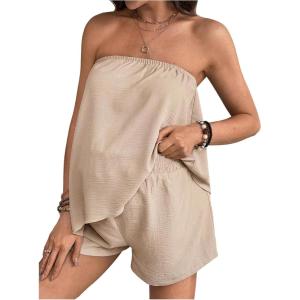imageMakeMeChic Womens Maternity 2 Piece Set Strapless Asymmetrical Tube Top and Shorts Pregnancy ClothesApricot