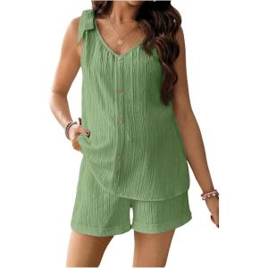 imageMakeMeChic Womens Maternity Clothes Bow V Neck Button Sleeveless Tank and Shorts Pregnancy Outfit SetMint Green