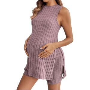 imageMakeMeChic Womens Maternity Pajama Set Loungewear Knit Tank Tops Biker Shorts Pregnancy SetDusty Pink