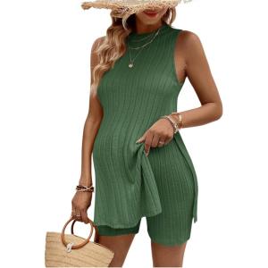 imageMakeMeChic Womens Maternity Pajama Set Loungewear Knit Tank Tops Biker Shorts Pregnancy SetGreen